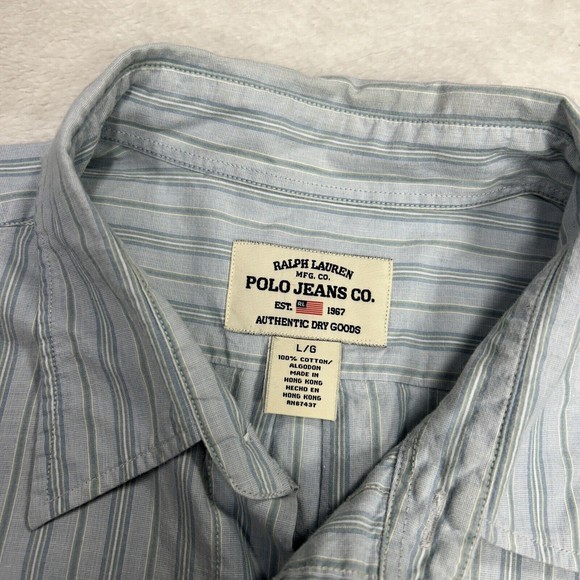 Polo Jeans Ralph Lauren Button Up Shirt Men's Size Large Blue Striped Cotton - Picture 3 of 7